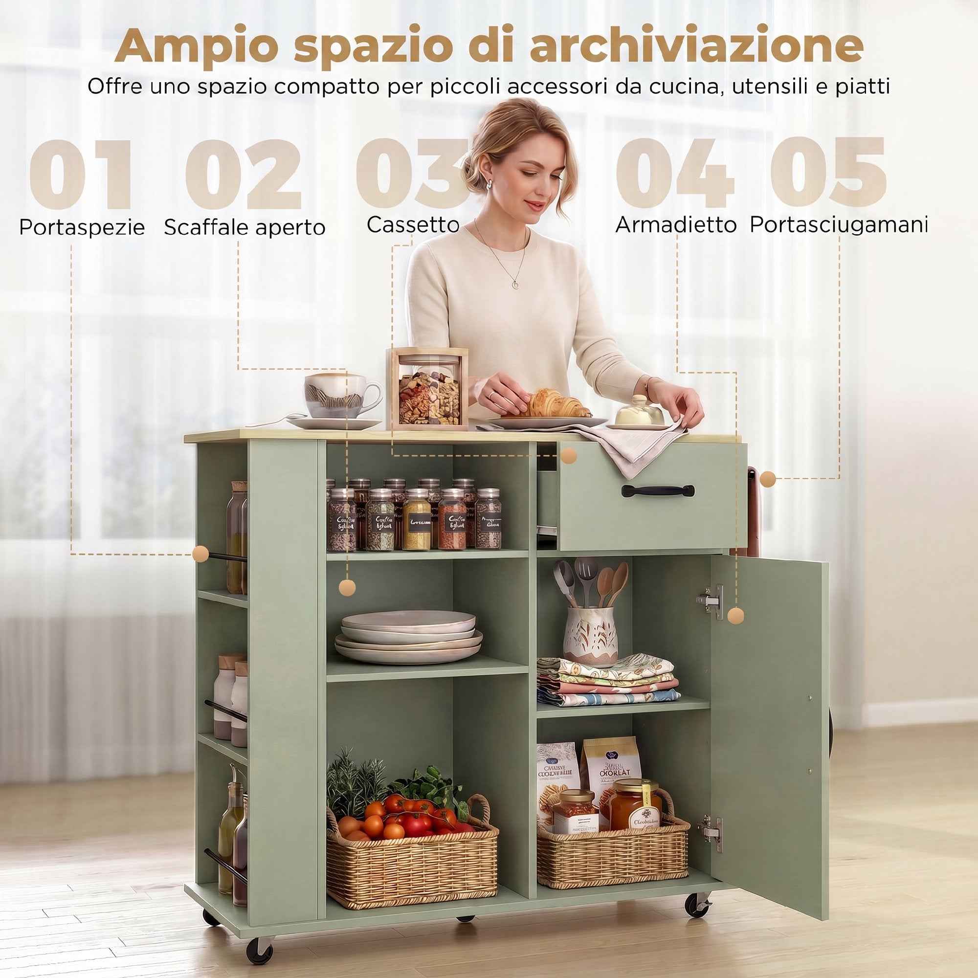 HOMCOM Kitchen Cabinet with Drawer, Cabinet and Adjustable Shelf, Light Green