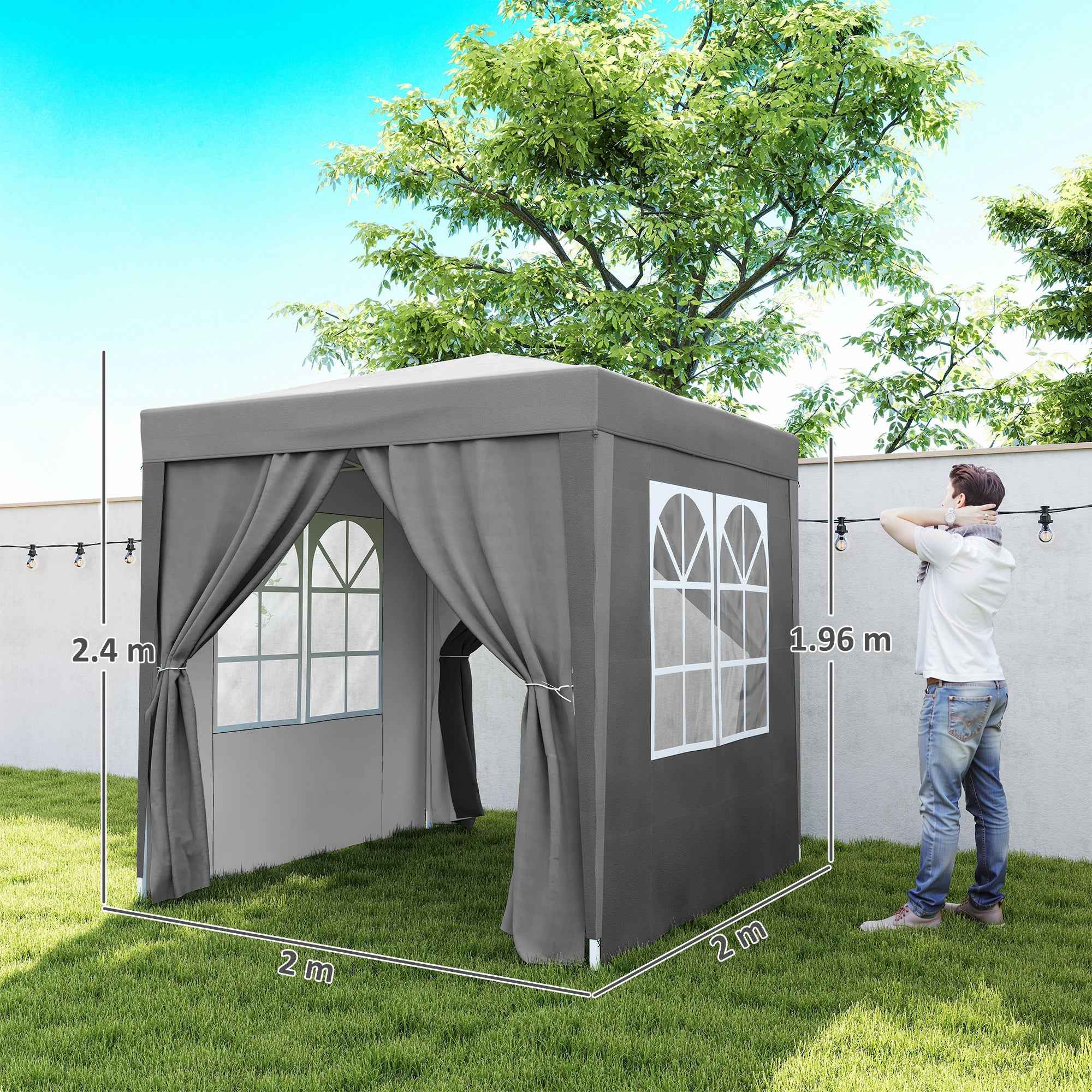 Outsunny 2x2m Folding Gazebo with 4 Removable Metal and Polyester Walls, Grey