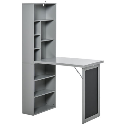 Folding PC Desk with 9-Tier Bookcase in Wood and Metal, 98x51x153 cm, Grey