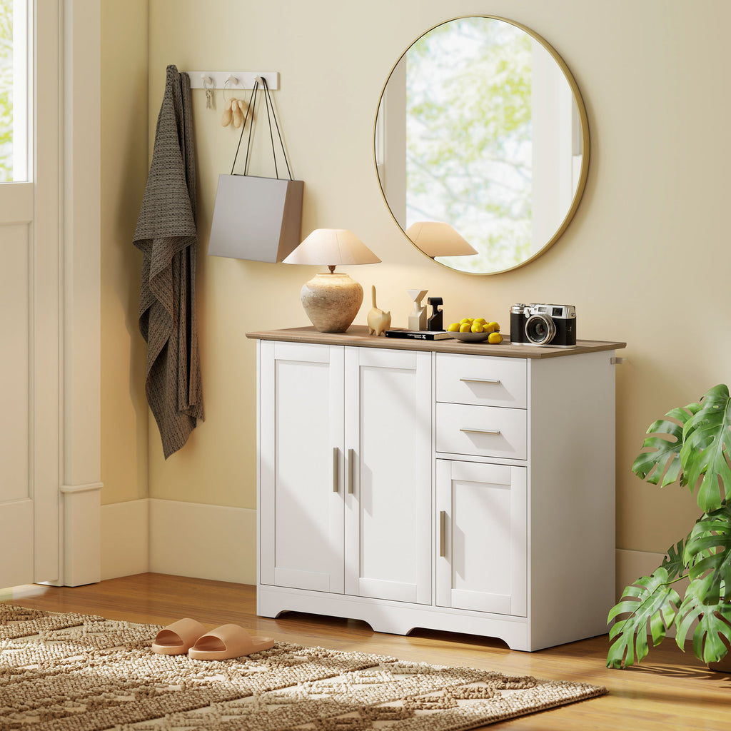 Modern Wooden Sideboard with 2 Drawers and 2 Cabinets, 100x40x78 cm, White and Wood Color