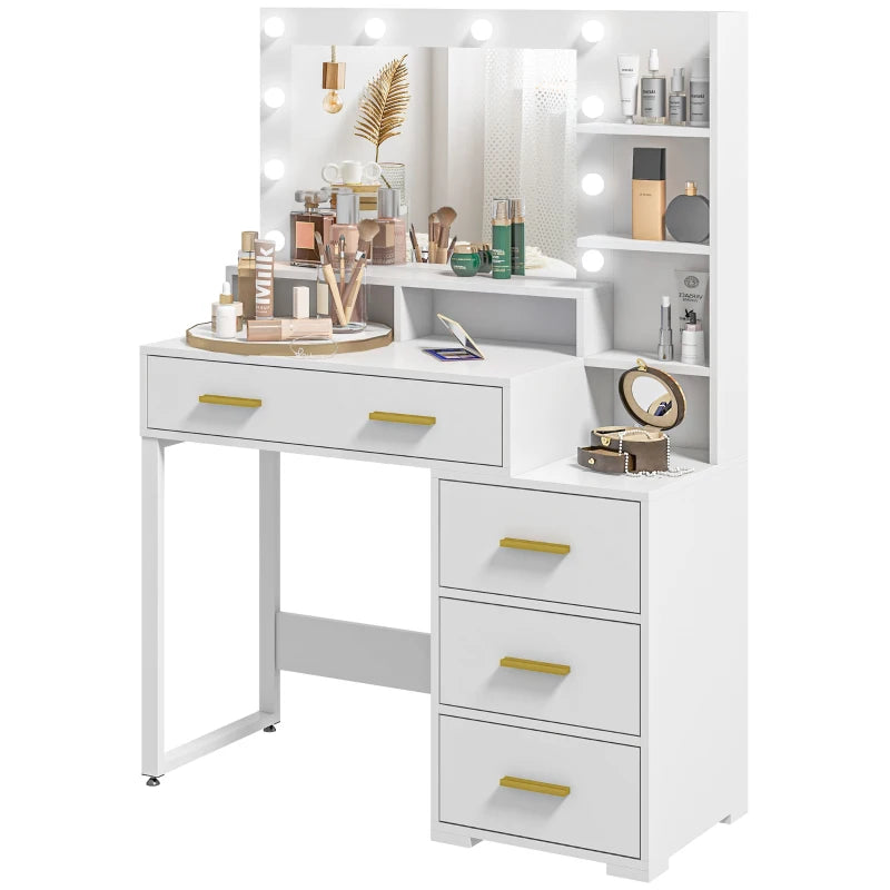 Wooden Makeup Table with 4 Drawers, 6 Open Shelves and Mirror, 100x40x138 cm, White