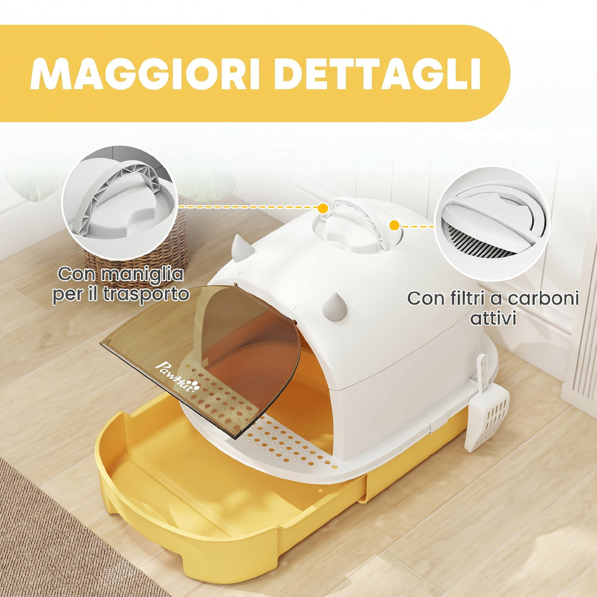 PawHut Enclosed Cat Litter Box with Removable Tray, Handle, Scoop and 2 Activated Carbon Filters, Yellow
