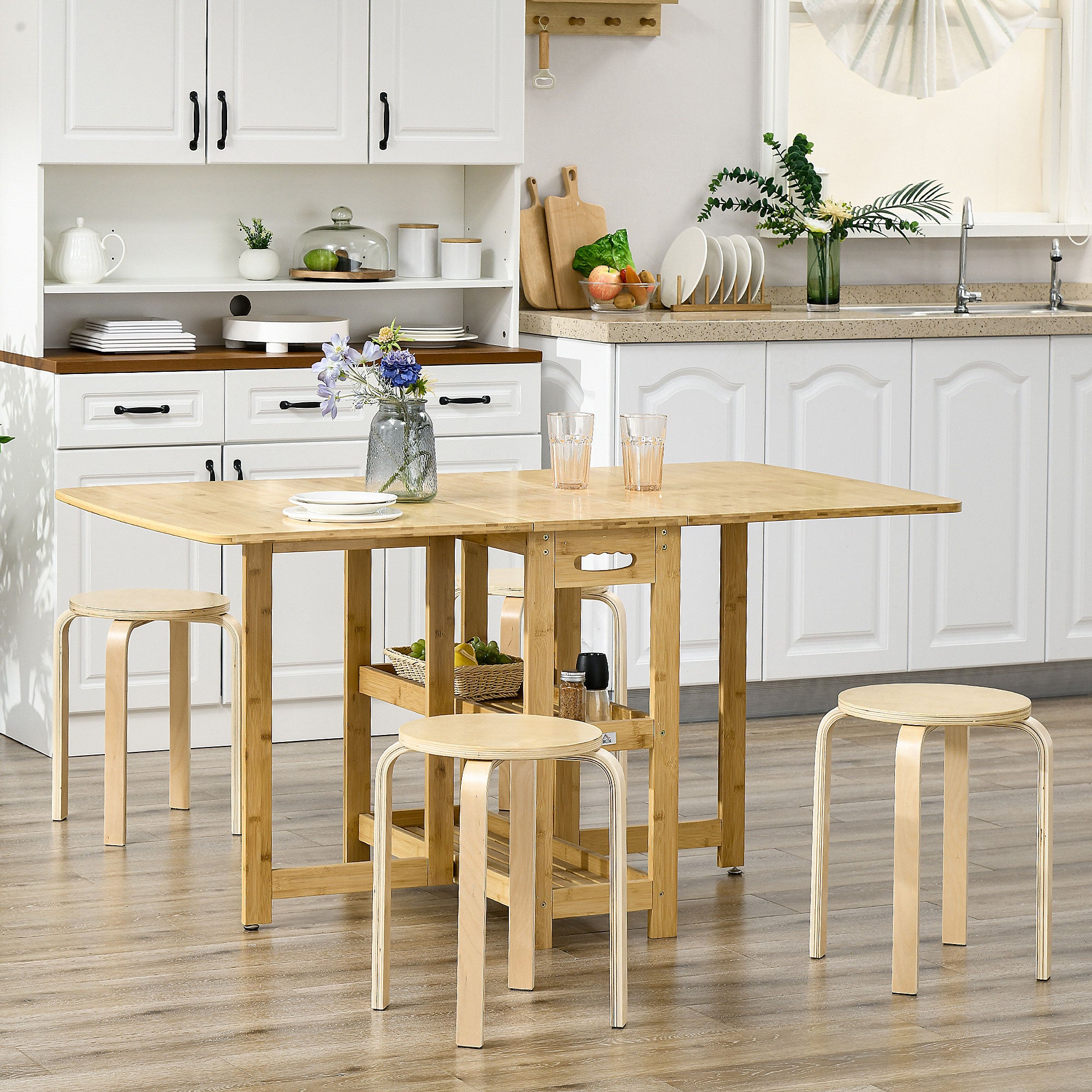 Set of 4 Round Modern Stackable Kitchen and Bar Stools in Wood, Ø40x54cm, Wood Color