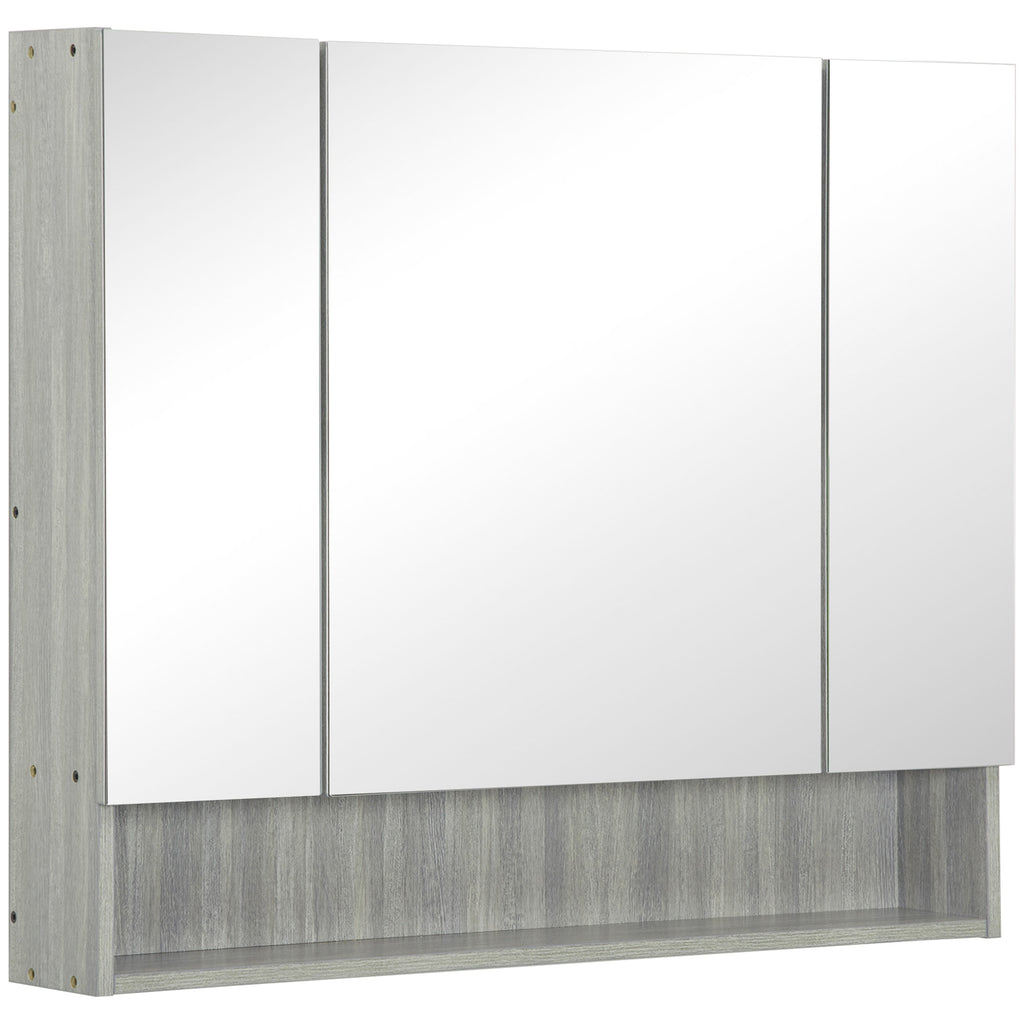 4 Section Mirror Cabinet with Adjustable Shelves, Wood and Glass, 90x15x75 cm, Grey