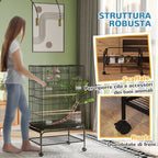 PawHut Bird Cage with Play Area, Wheels, Removable Tray and Shelf, 64x45x110 cm, Black