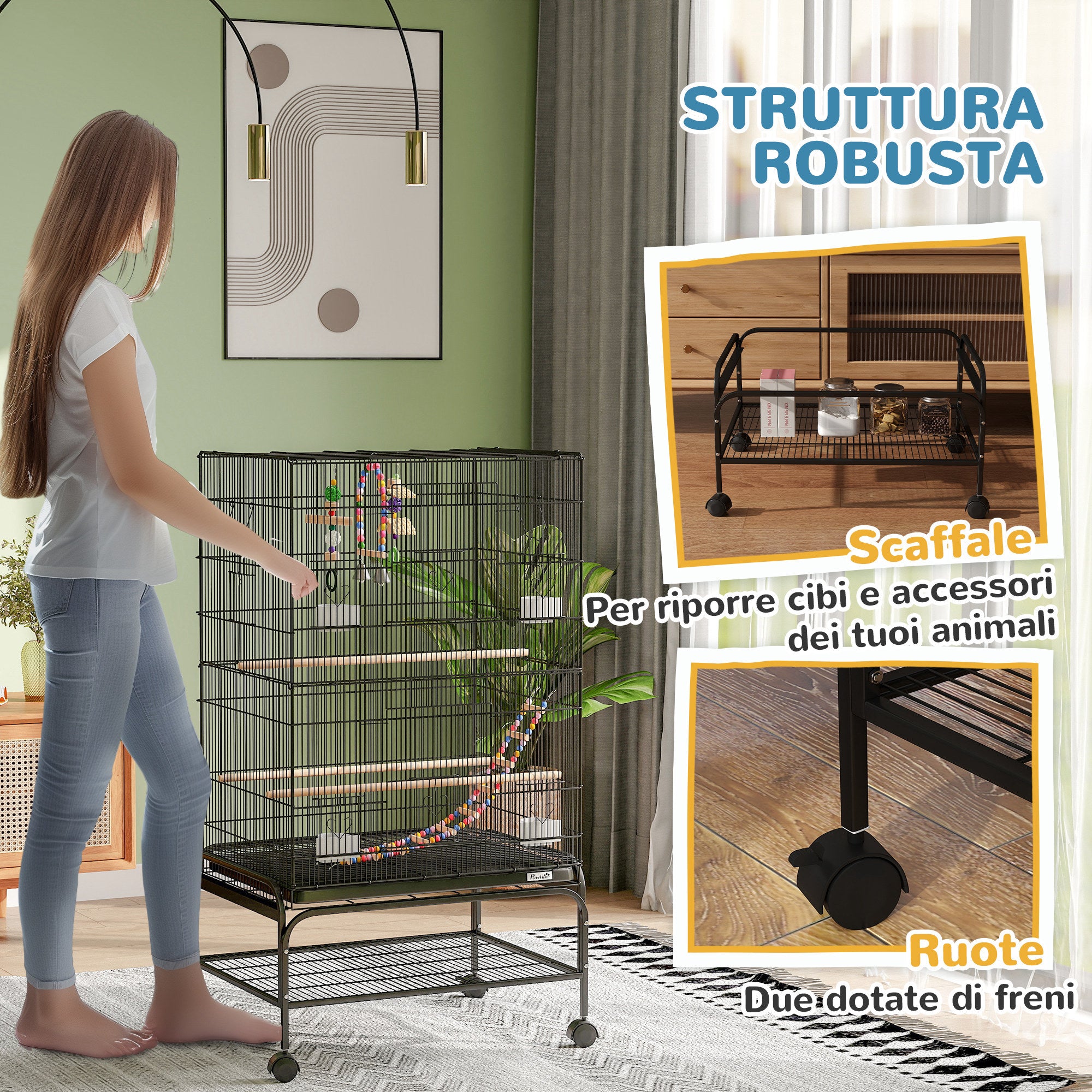 PawHut Bird Cage with Play Area, Wheels, Removable Tray and Shelf, 64x45x110 cm, Black