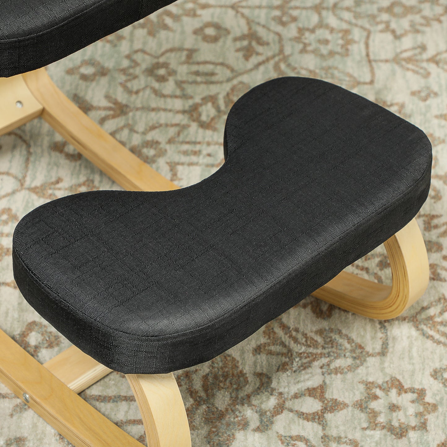 Kneeling Chair with Rocking Movement, in Linen Effect Fabric and Birch Wood, 50x73x55 cm, Black