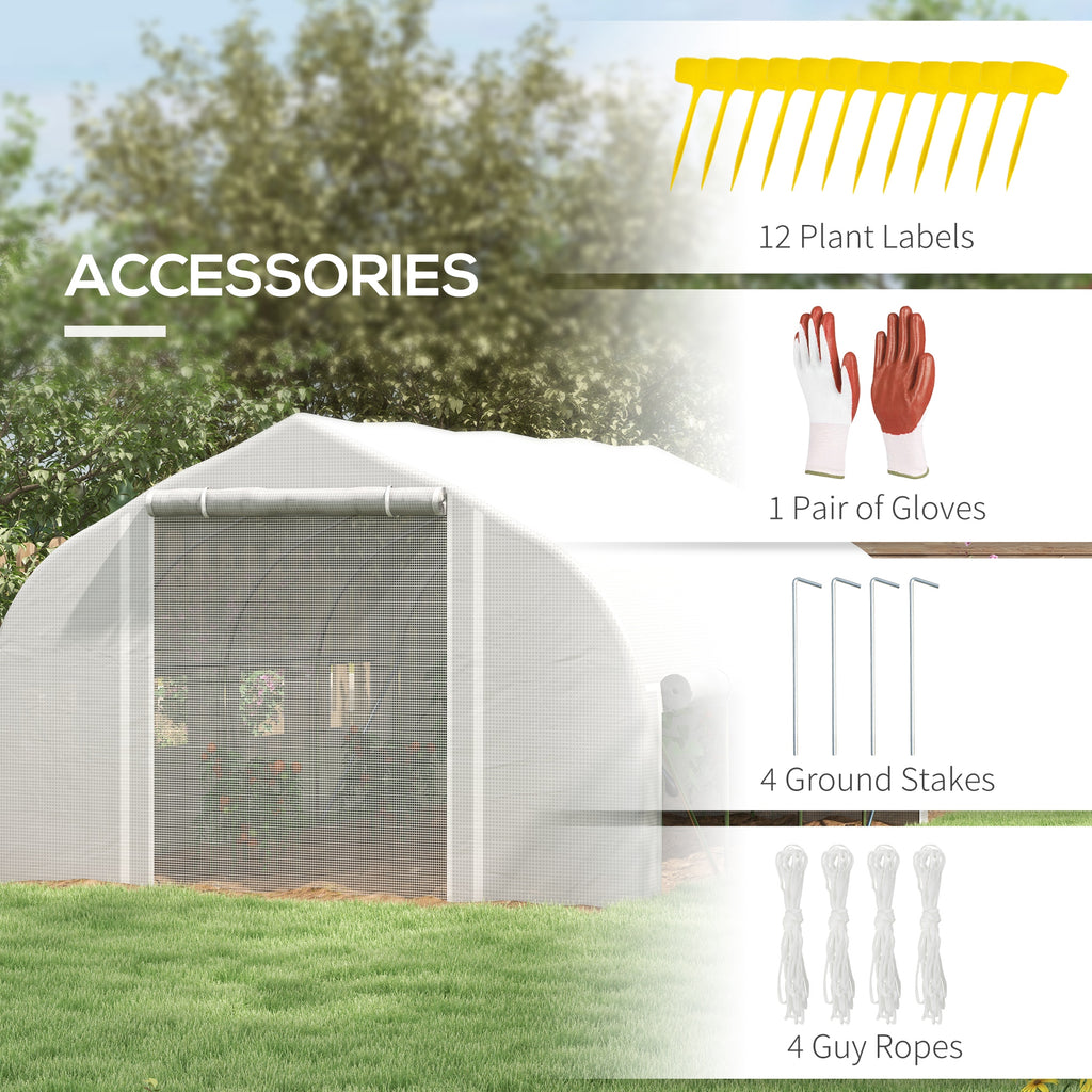 Outsunny 4x3m Tunnel Garden Greenhouse with PE Cover, Door and 8 Roller Windows, White - Borgè