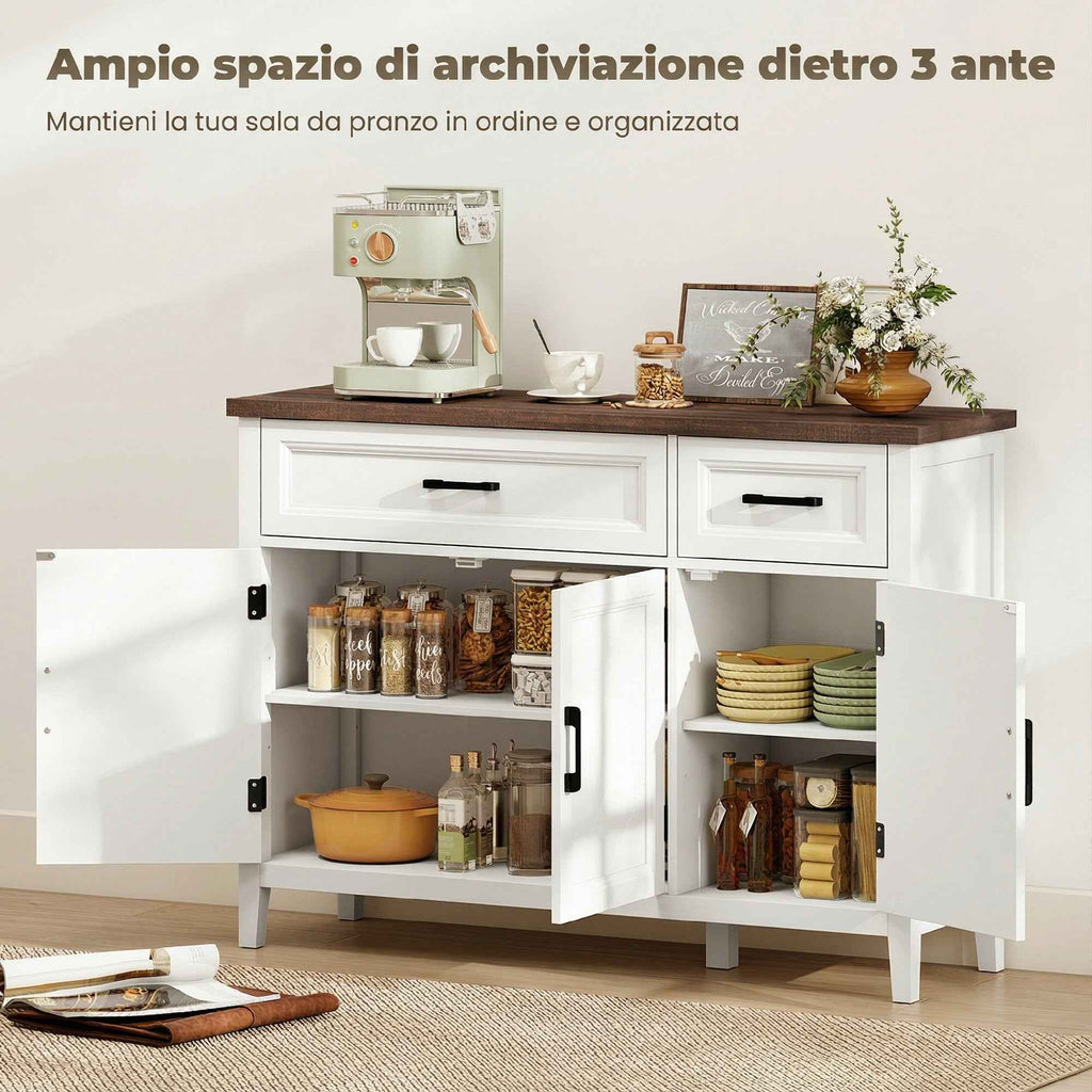 HOMCOM Wooden Kitchen Sideboard with 3 Barn Doors, 2 Drawers and 2 Adjustable Shelves, White