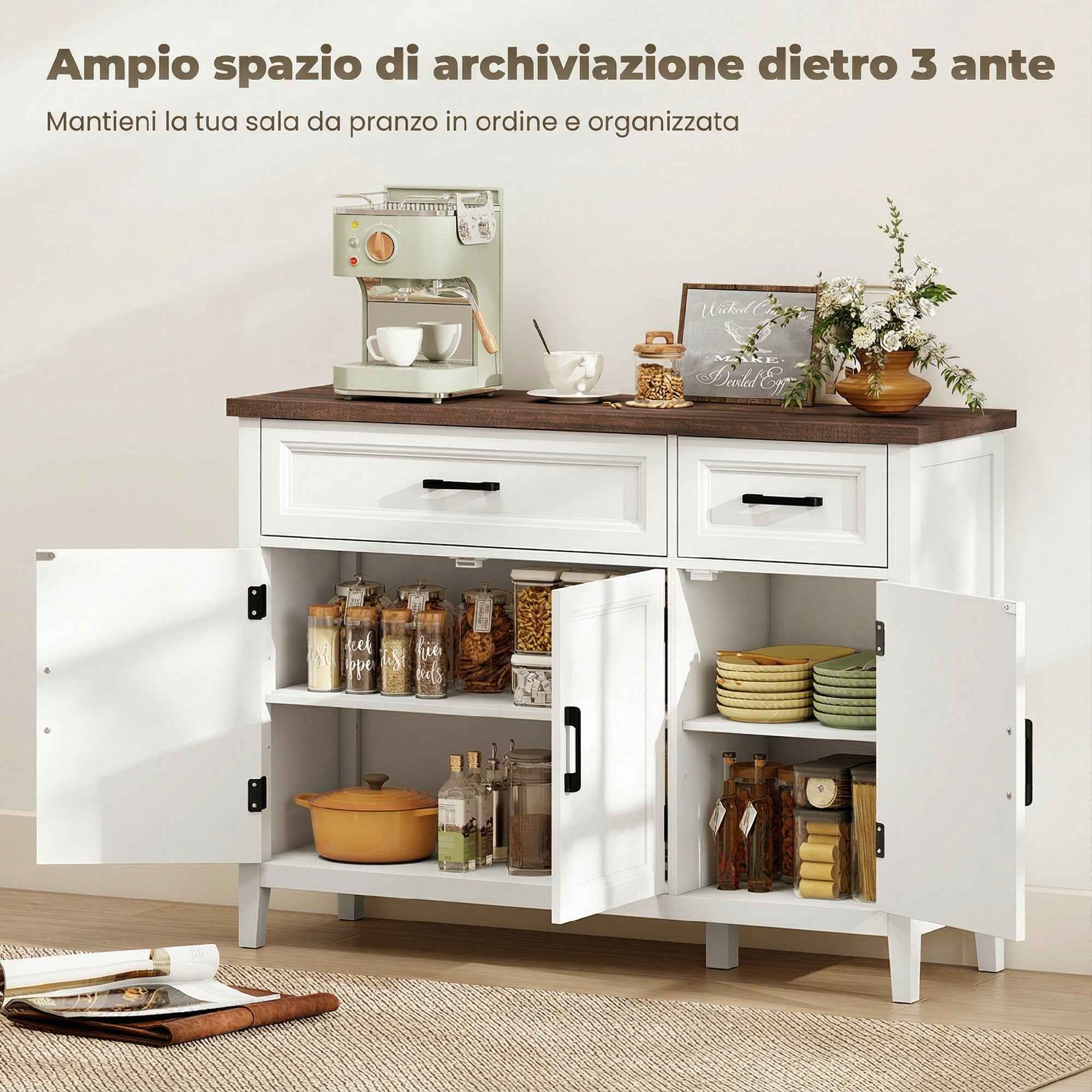 HOMCOM Wooden Kitchen Sideboard with 3 Barn Doors, 2 Drawers and 2 Adjustable Shelves, White