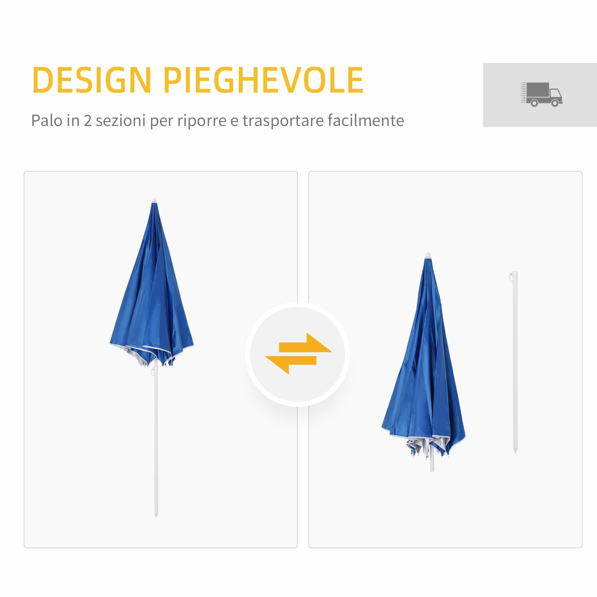 Beach Umbrella with Integrated Awning, in Metal and Polyester, Ø220x220 cm, Blue
