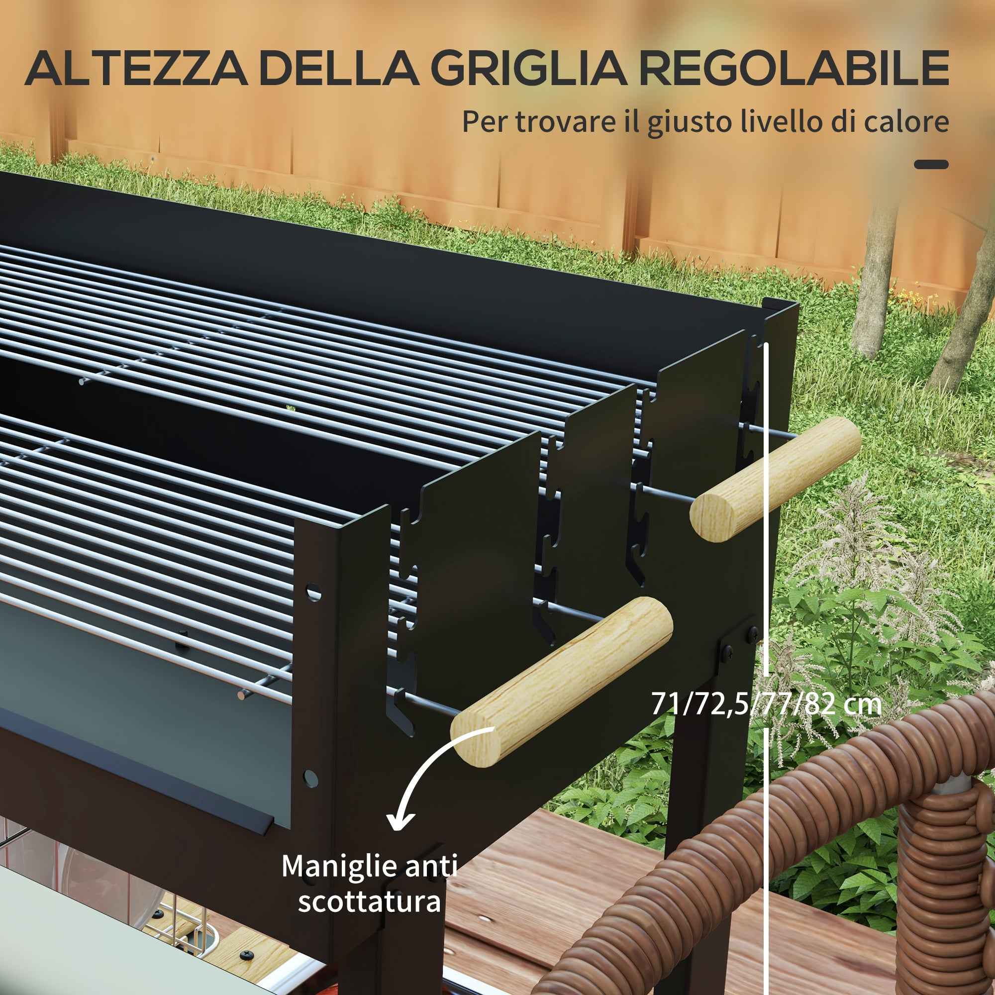 Outsunny Adjustable Height Charcoal Barbecue with 2 Grills and 2 Shelves, Metal and Wood, 113x53.5x82.5 cm, Black