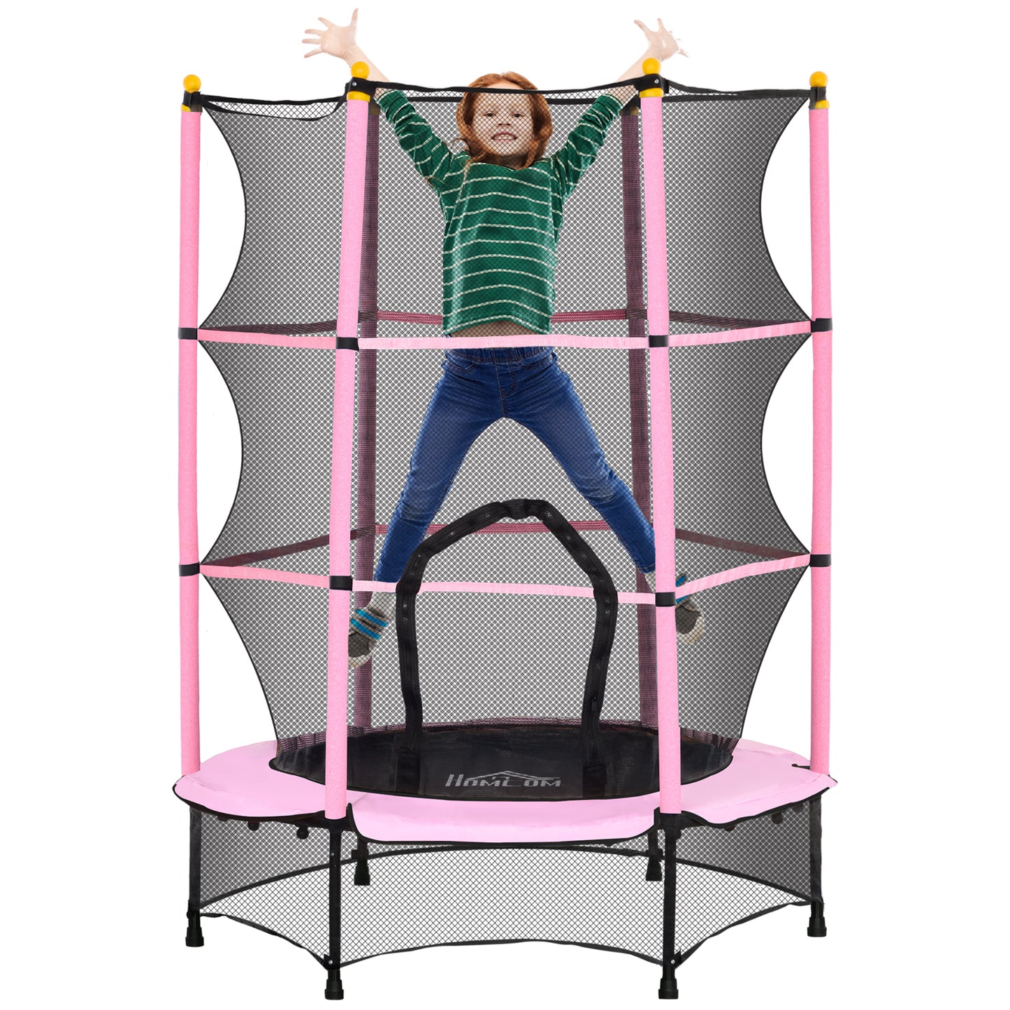 HOMCOM Children's Trampoline with Safety Net and Padded Poles Ages 3-10 Years, Ø140 x 190 cm, Pink