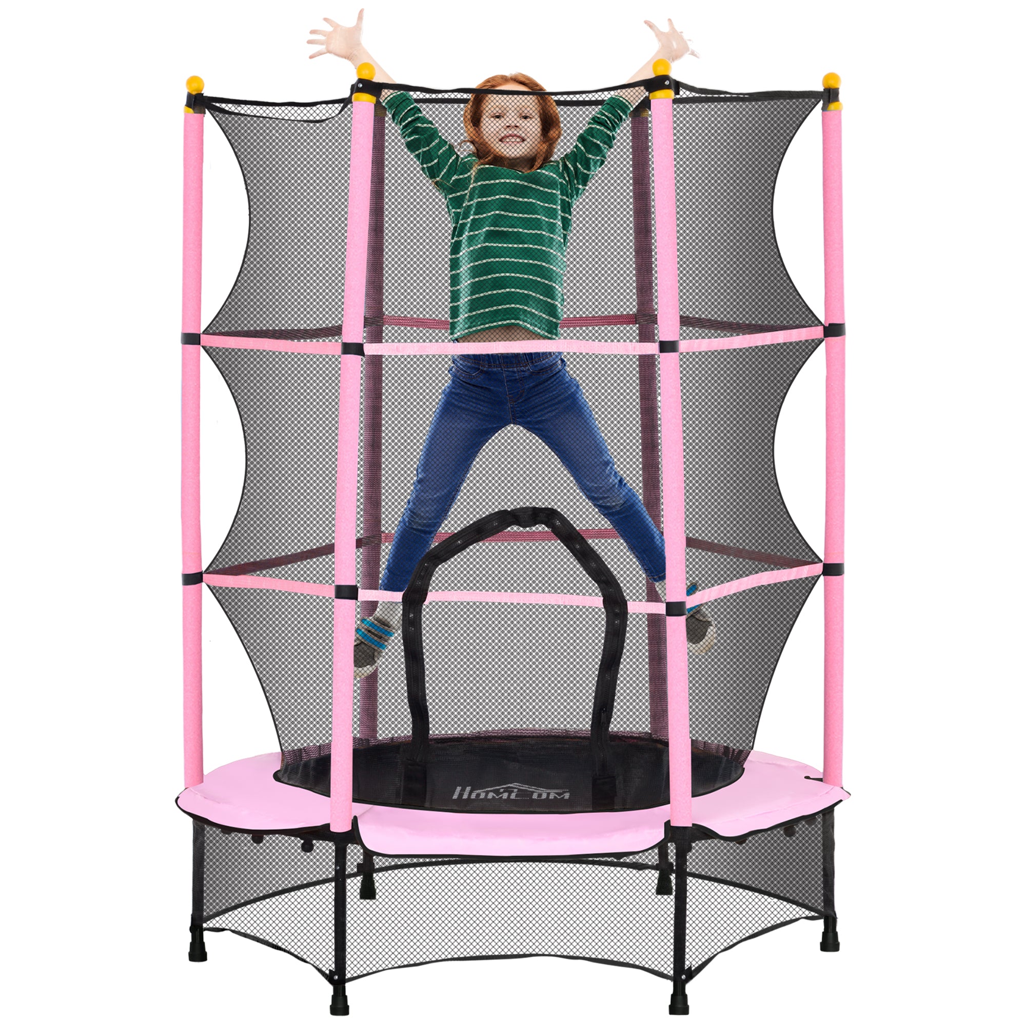 Children's Trampoline with Safety Net and Padded Poles Ages 3-10 Years, Ø140 x 190 cm, Pink