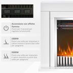 Electric Floor Fireplace with Realistic Flame Effect, Timer and Remote Control, 1000W and 2000W, 79x26x77.5cm, Black and White - Borgè