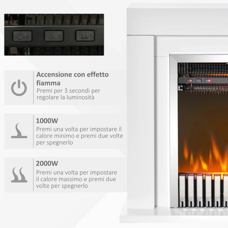 Electric Floor Fireplace with Realistic Flame Effect, Timer and Remote Control, 1000W and 2000W, 79x26x77.5cm, Black and White - Borgè