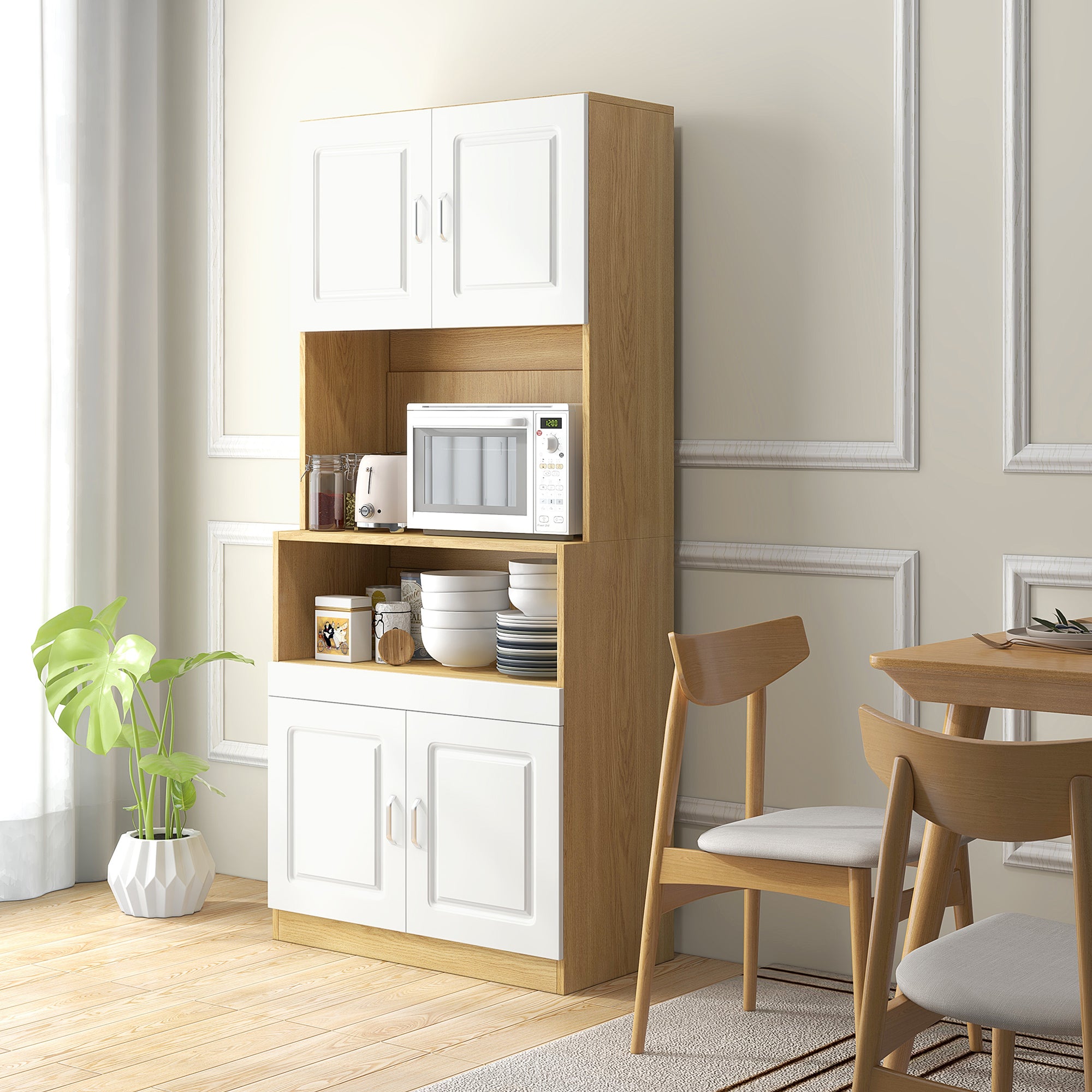 4-Door Chipboard Tall Pantry Cabinet with Cupboards and Open Shelf, 80x40x180 cm