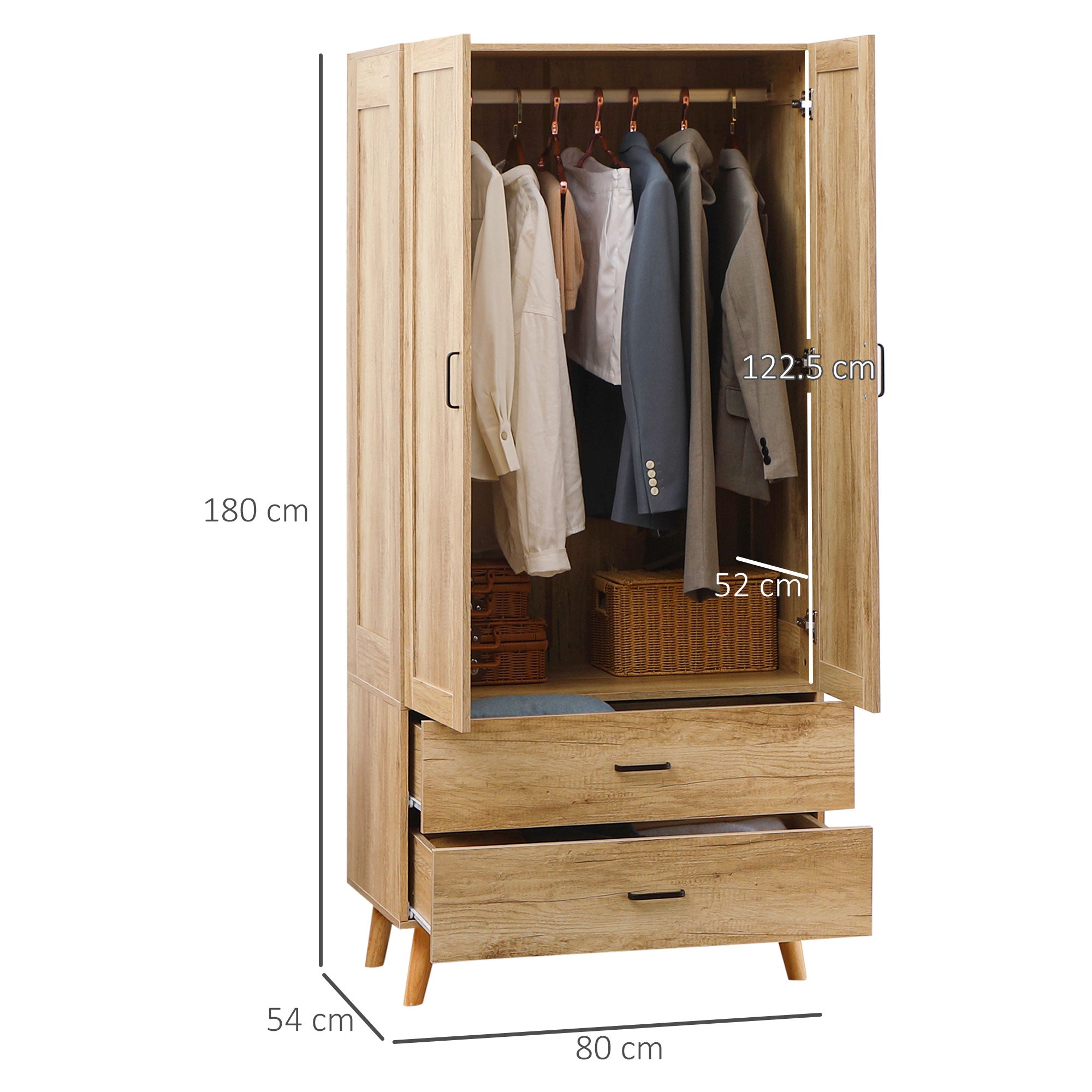 2-Door Wardrobe with 2 Drawers and Hanging Rail, 80x54x180 cm, Wood