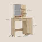 Dressing Table with Cabinet, Drawer, Makeup Mirror and Open Shelves, 90x38x138 cm, Maple