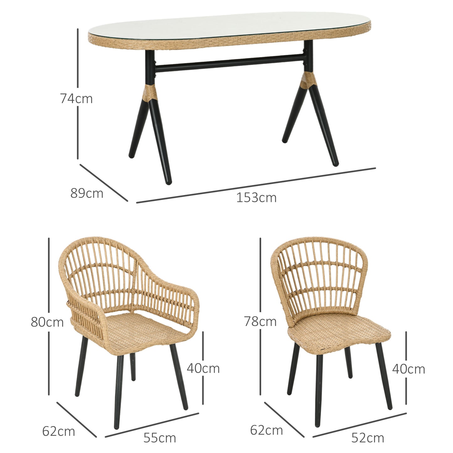 Outdoor Lounge: 7 Piece PE Rattan Garden Set with Dining Table 153x89x74 cm and 6 Chairs 52x62x78 cm with Cushions - Borgè