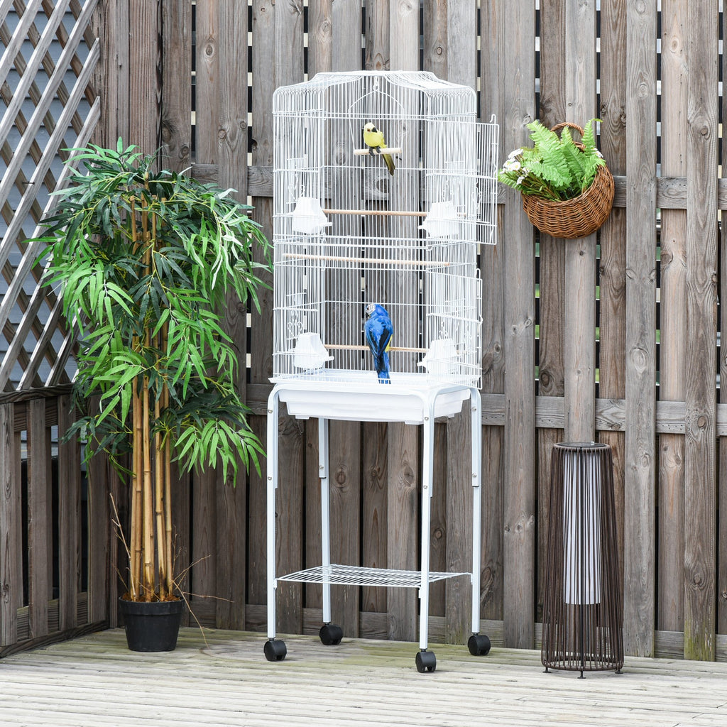 Bird Cage, Metal and Steel Aviary with Wheels, Perches and Bowls, 46.5x36x157cm, White