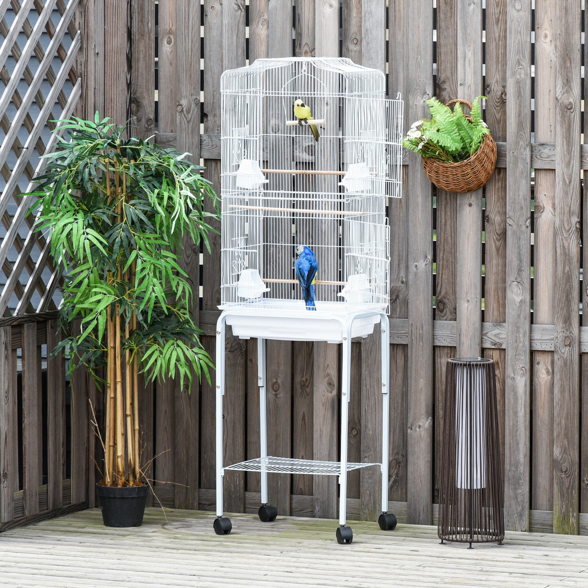Bird Cage, Metal and Steel Aviary with Wheels, Perches and Bowls, 46.5x36x157cm, White