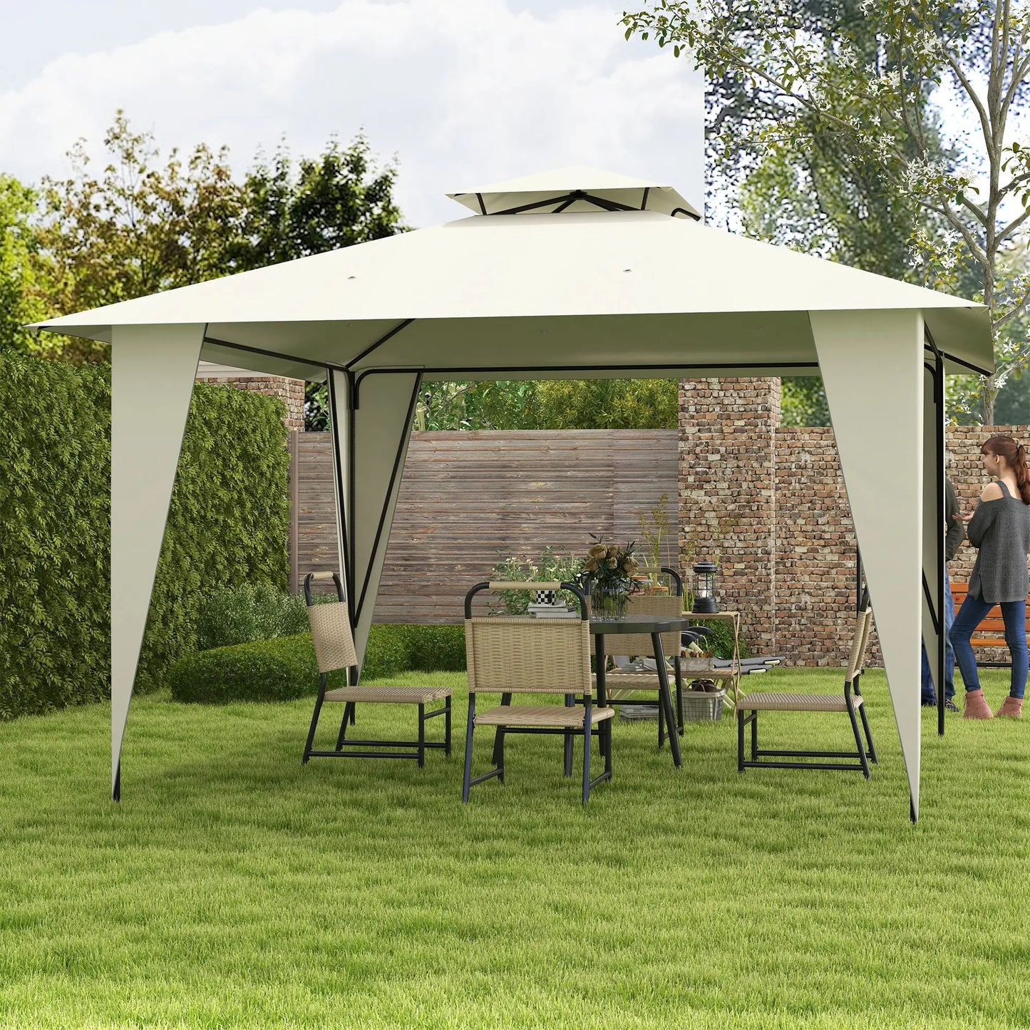 Beige Metal and Polyester Garden Gazebo with Double Roof 3.5x3.5m