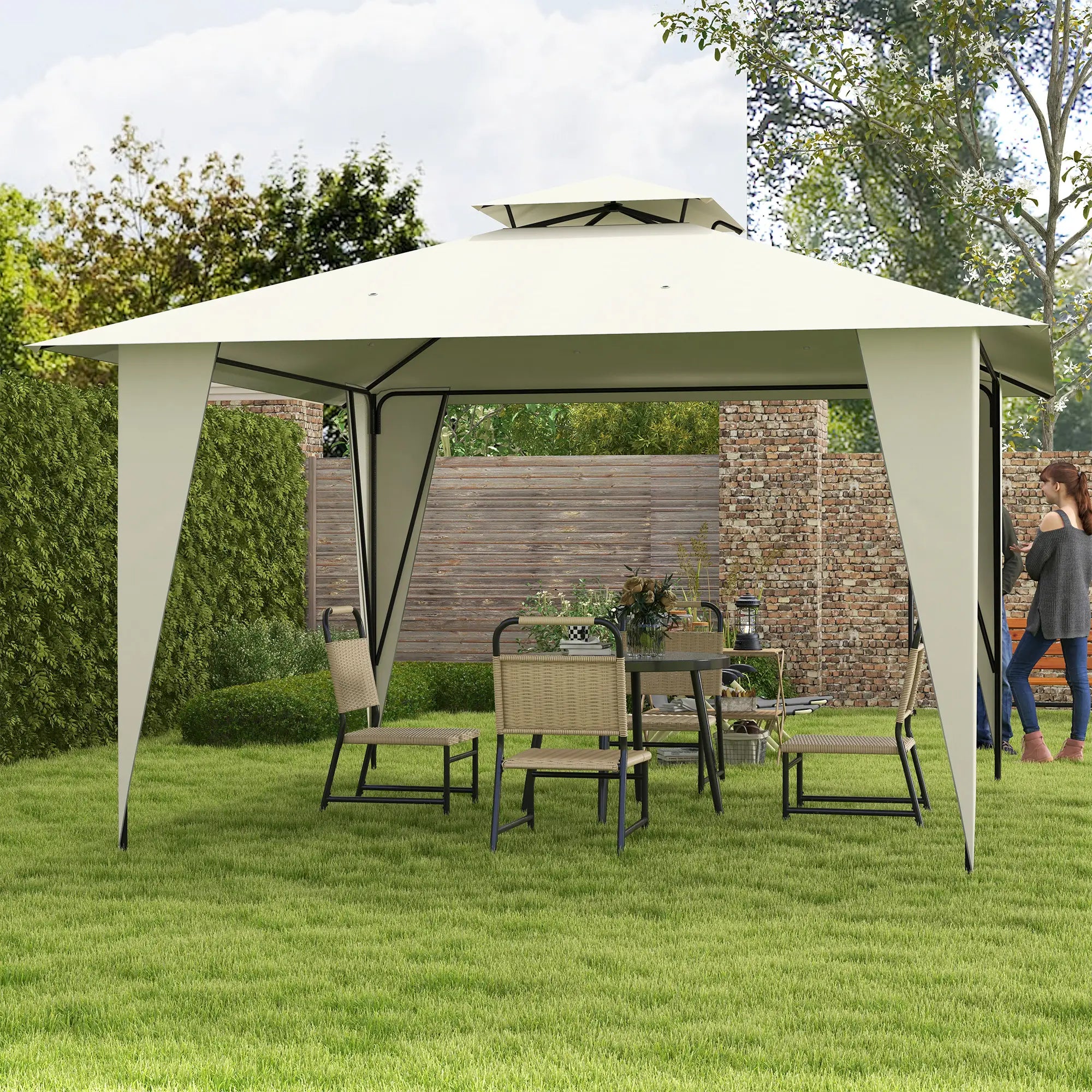 Beige Metal and Polyester Garden Gazebo with Double Roof 3.5x3.5m - Borge' Group Limited