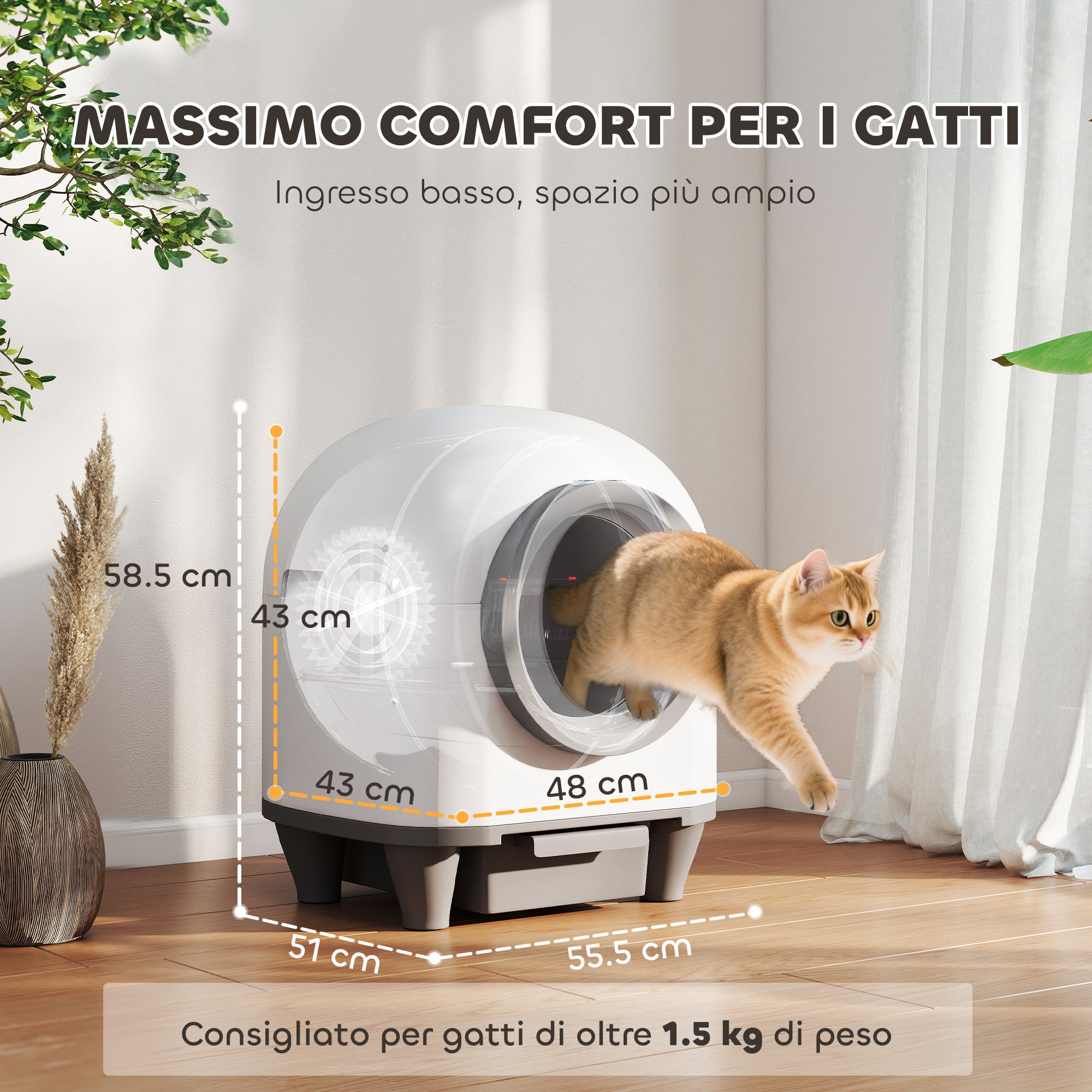 Self-Cleaning Cat Litter Box 1-5 kg with Fragrance Box and Bags, PP, 55.5x51x58.5 cm, White and Grey