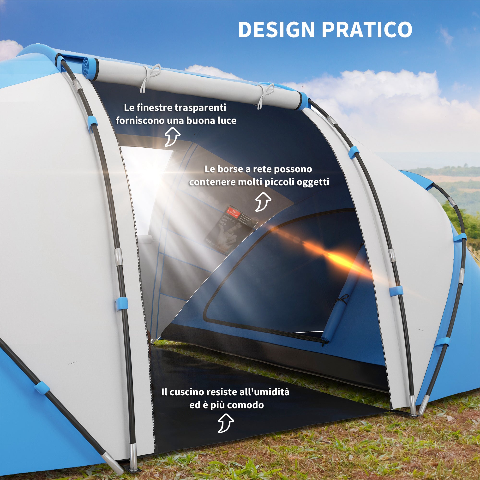 4-Person Camping Tent with 2 Sleeping Areas and Carry Bag, 430×240×170 cm, White and Blue