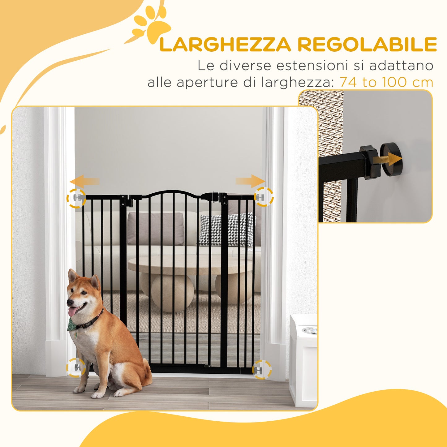 PawHut Extendable Dog Gate Without Screws Adjustable from 74-100 cm in Metal, Black - Borgè