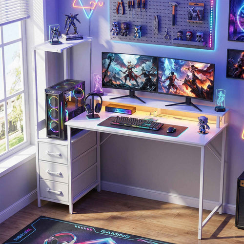 HOMCOM 147cm Gaming Desk, Computer Table with Adjustable and Reversible CPU Stand, RGB Lights, Power Sockets, USB and USB-C Ports, Monitor Stand and 3 Fabric Drawers, White