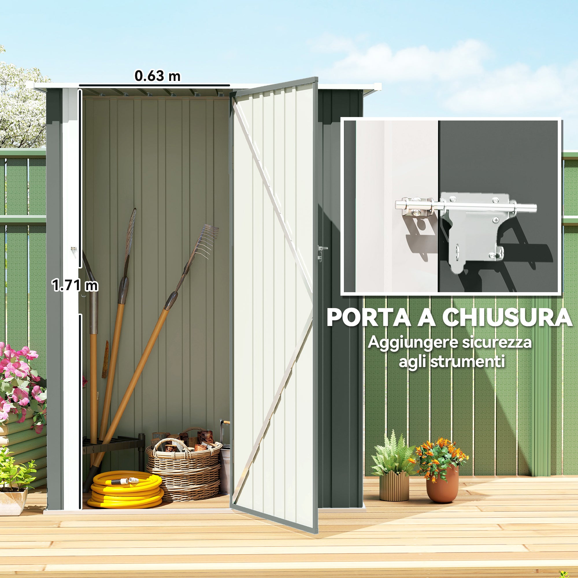 Outsunny Metal Tool Shed with Sloped Roof and Lockable Door, 142x86x189 cm, Light Grey