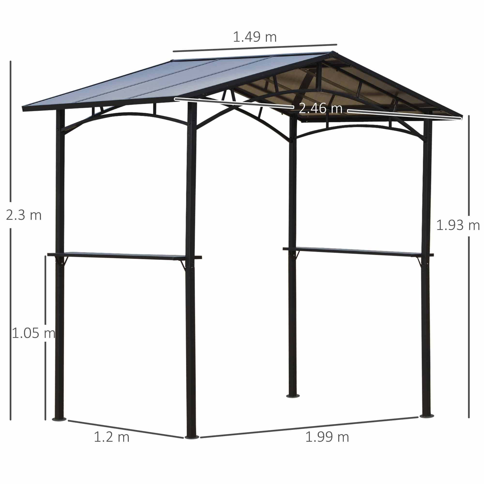 Garden Gazebo for Barbecue BBQ with PC Roof and Side Shelves, 246x149x230cm, Black