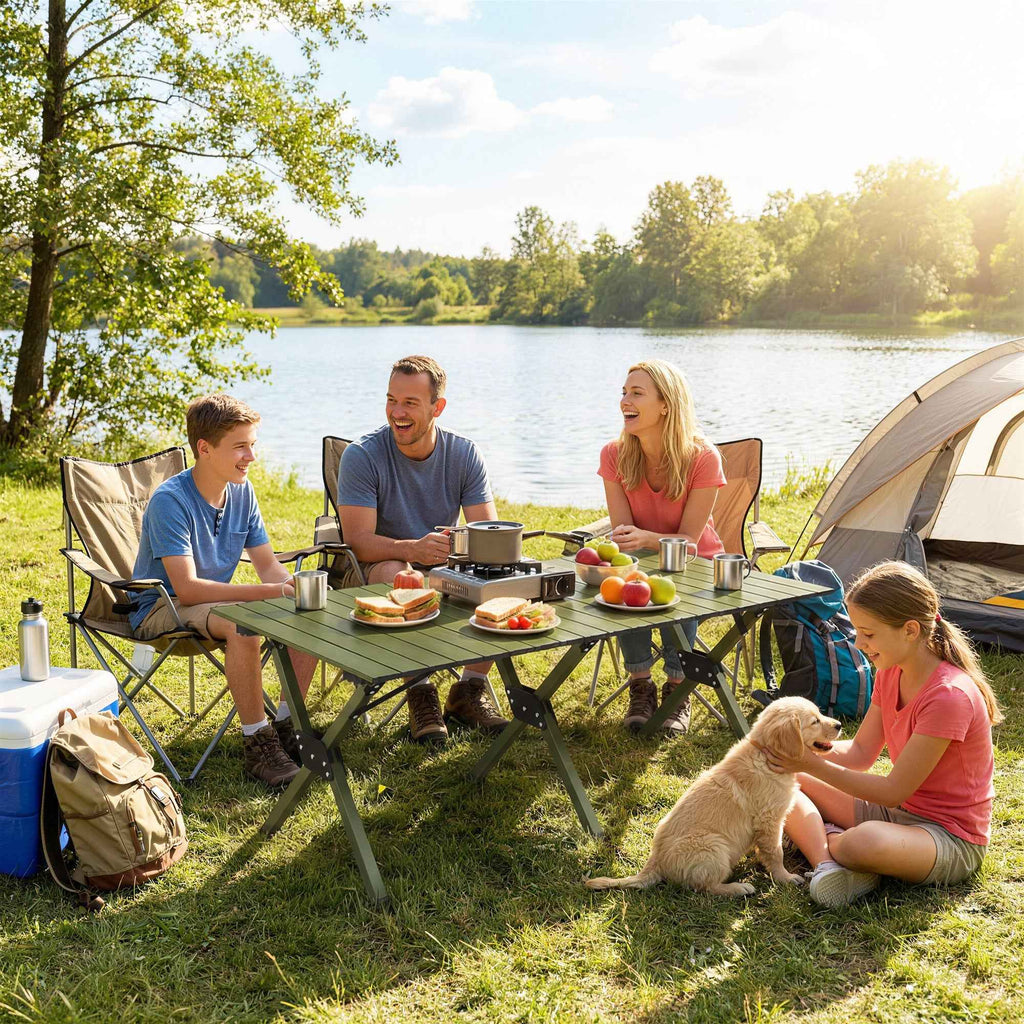 Outsunny 116cm Folding Camping Table, Waterproof Picnic Table with Roll-Up Top and Metal Frame, Portable for Garden, Park, BBQ, Green