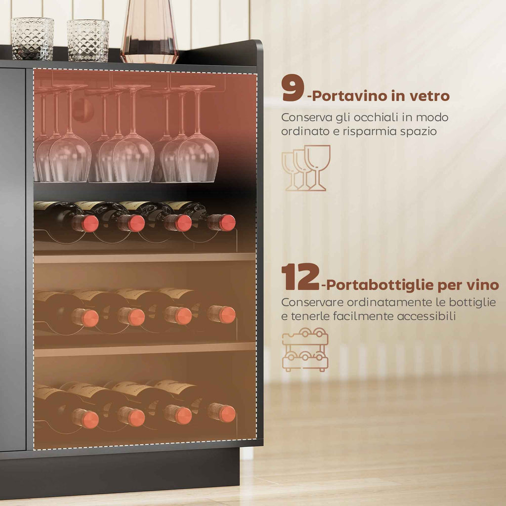 HOMCOM Wine Rack with LED Light and Adjustable Shelf, Wood and Glass, 120x38x88 cm, Black