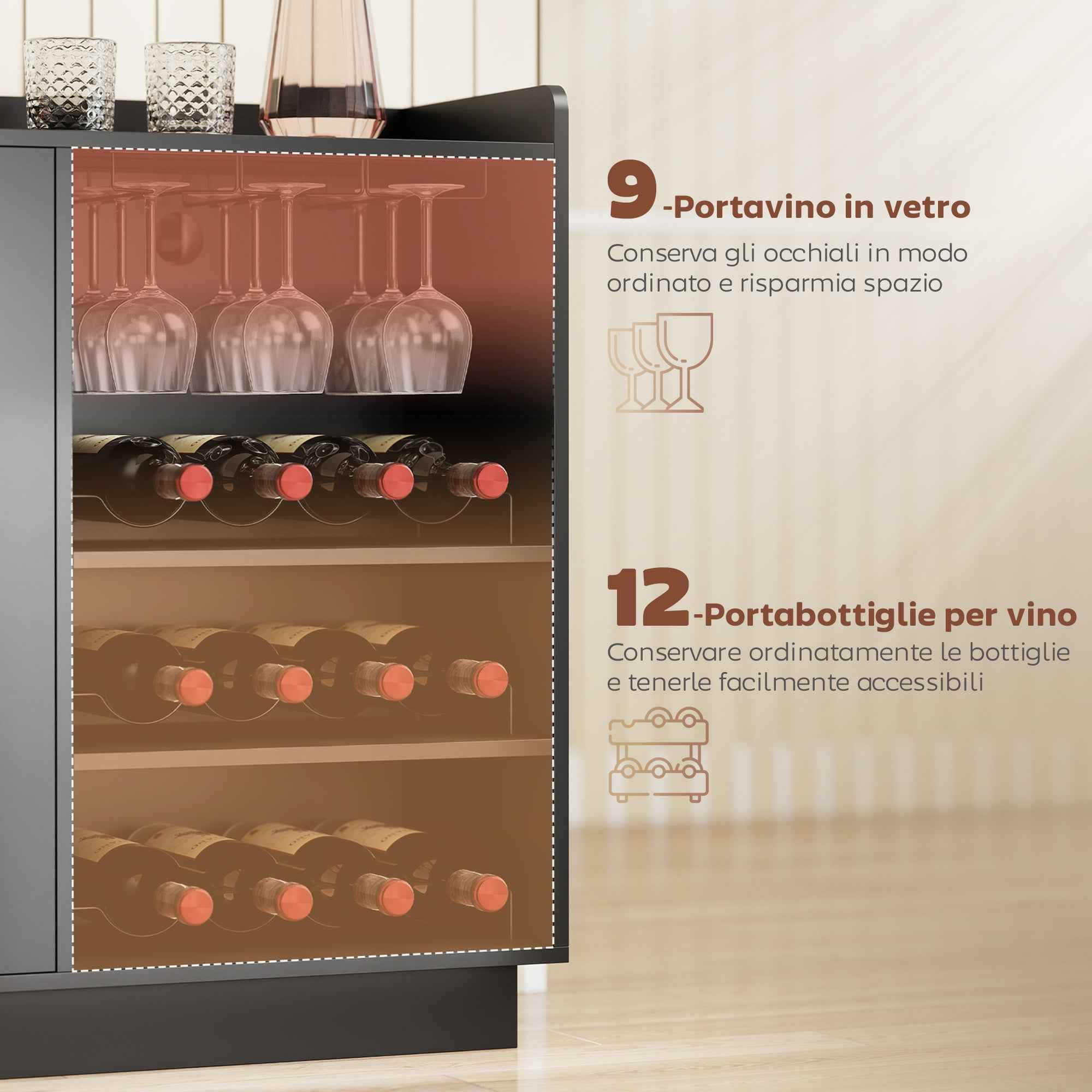 HOMCOM Wine Rack with LED Light and Adjustable Shelf, Wood and Glass, 120x38x88 cm, Black