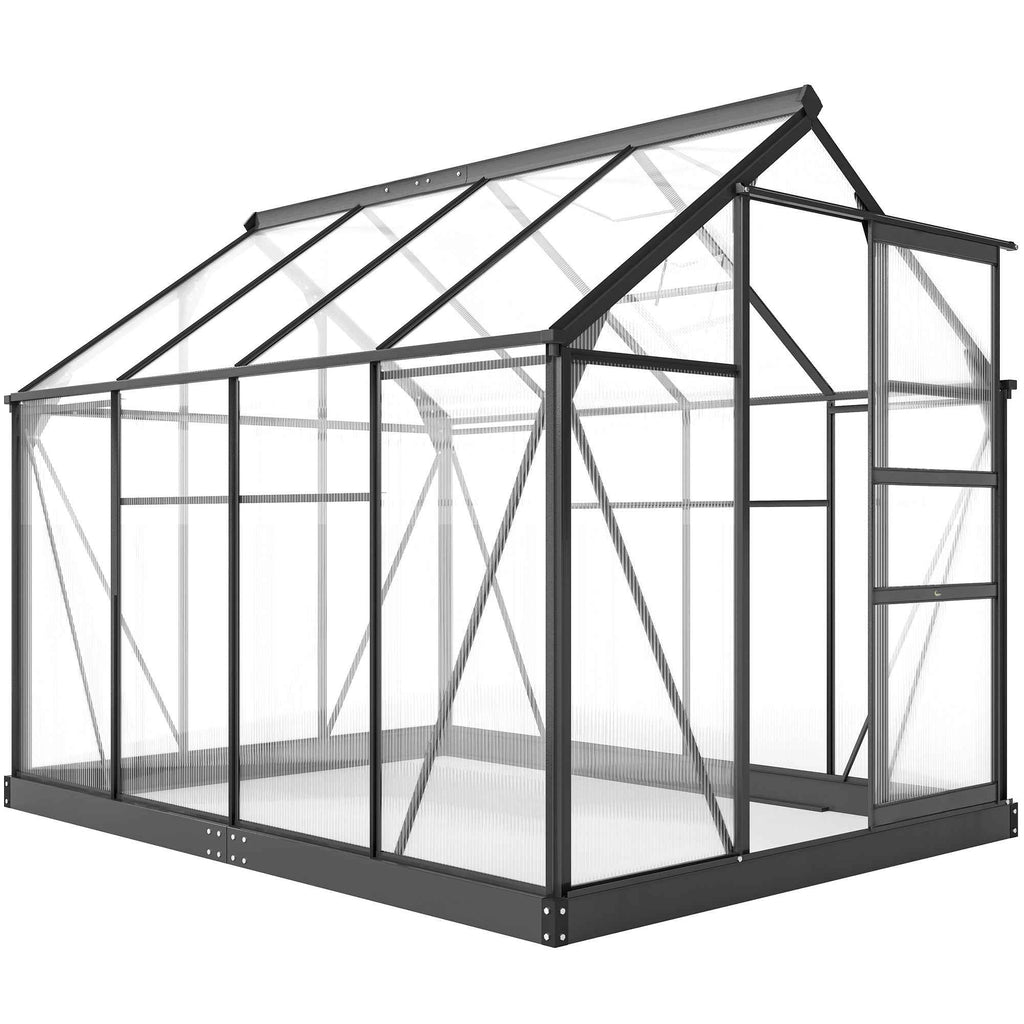 Outsunny Polycarbonate and Aluminum Greenhouse with Sliding Door, Air Vent and Gutter, 190x252x201 cm, Gray