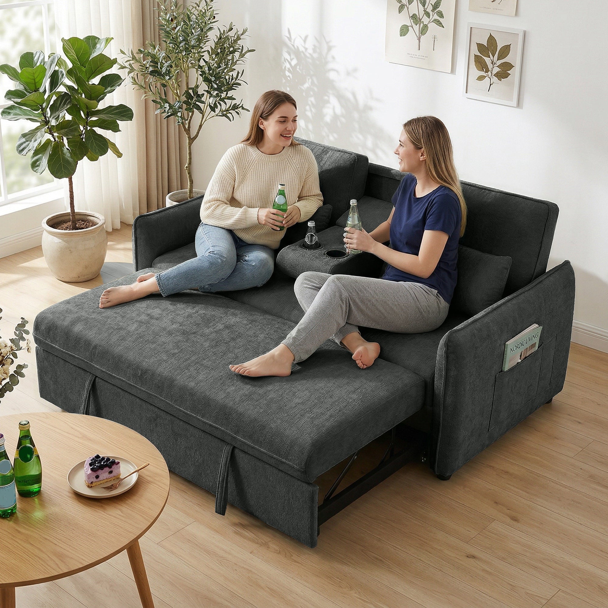 HOMCOM 3-in-1 2-Seater Sofa Bed with 3-Position Adjustable Backrest and 2 Cushions, Chenille, Dark Grey