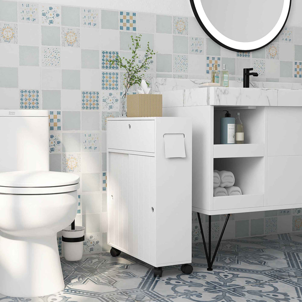kleankin Narrow Bathroom Cabinet with Wheels, Sliding Doors, Adjustable Shelves and 2 Toilet Paper Holders, White