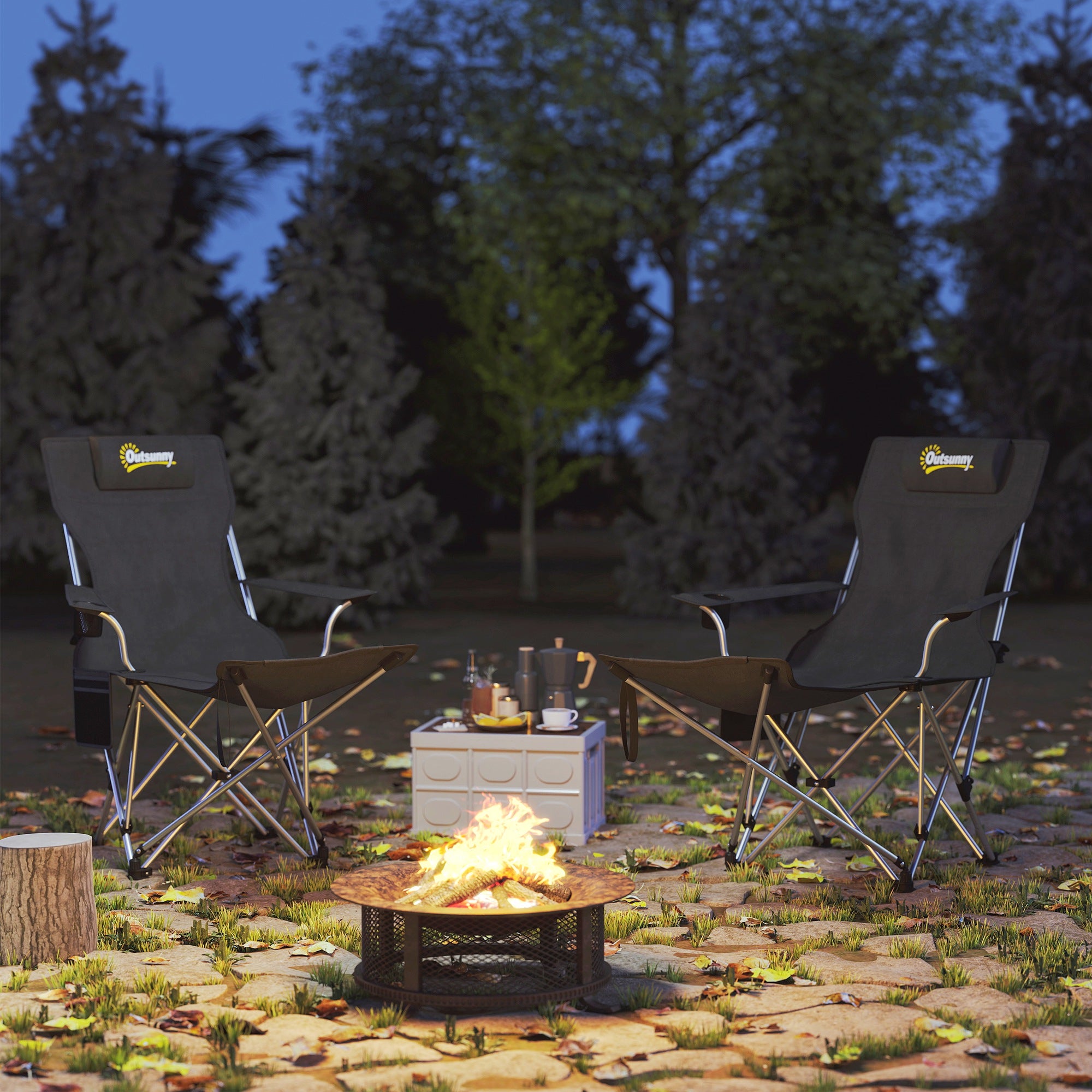 Set of 2 Folding Camping Chairs with Detachable Footrest and Cup Holder, 82x50/100x88 cm, Black