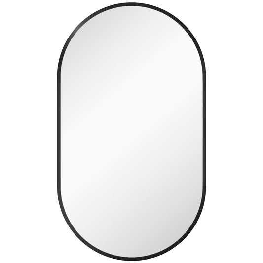 Oval Mirror with 3 Hooks, Wall Mount, in Aluminum Alloy and Glass, 40x70x3 cm, Black