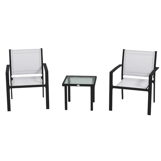 Outsunny garden set with glass table and 2 stackable chairs in mesh fabric, light gray - Borgè