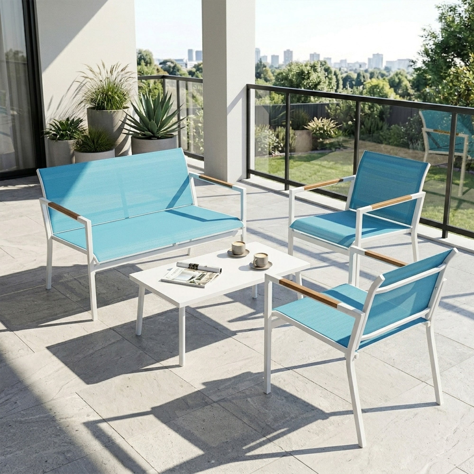 Outsunny 4-Seater Garden Set with Sofa, Armchairs, and Metal Table, Blue.