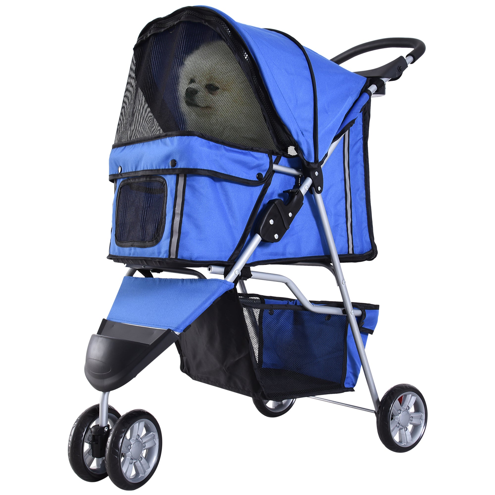 Folding Dog Stroller for Small Dogs, Dog Pushchair with Braked Wheels, Cup Holder, Storage Basket and Removable and Washable Padding, for Pets up to 10 kg, Blue