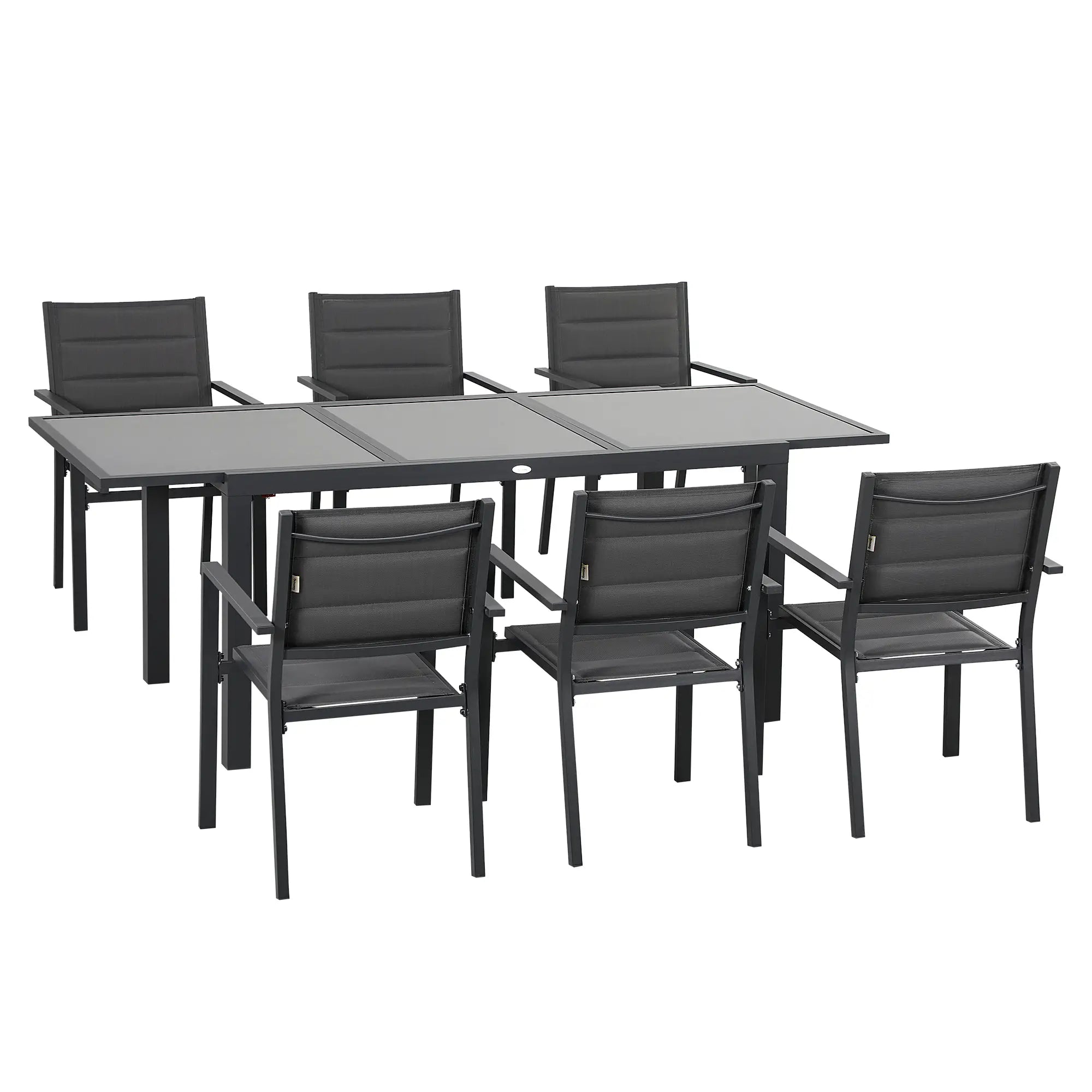 Extendable Glass Table and 6 Chairs Garden Set with Breathable Seat, Dark Grey - Borge' Group Limited