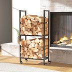Outsunny Two-Tier Indoor and Outdoor Log Rack with Reinforced Steel Wheels, 60x30x119 cm, Black