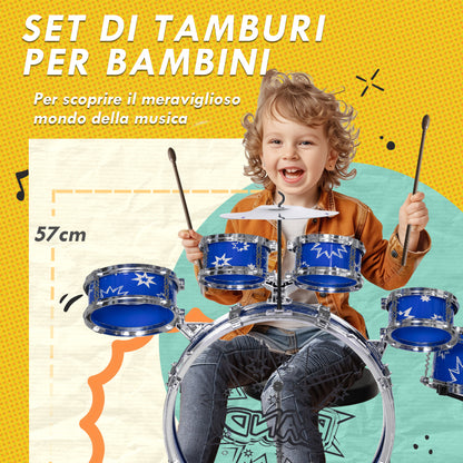 Kids Drum Set with Bass Drum with Pedal, Drums, Cymbal and Stool, Ages 3-6 Years, Blue