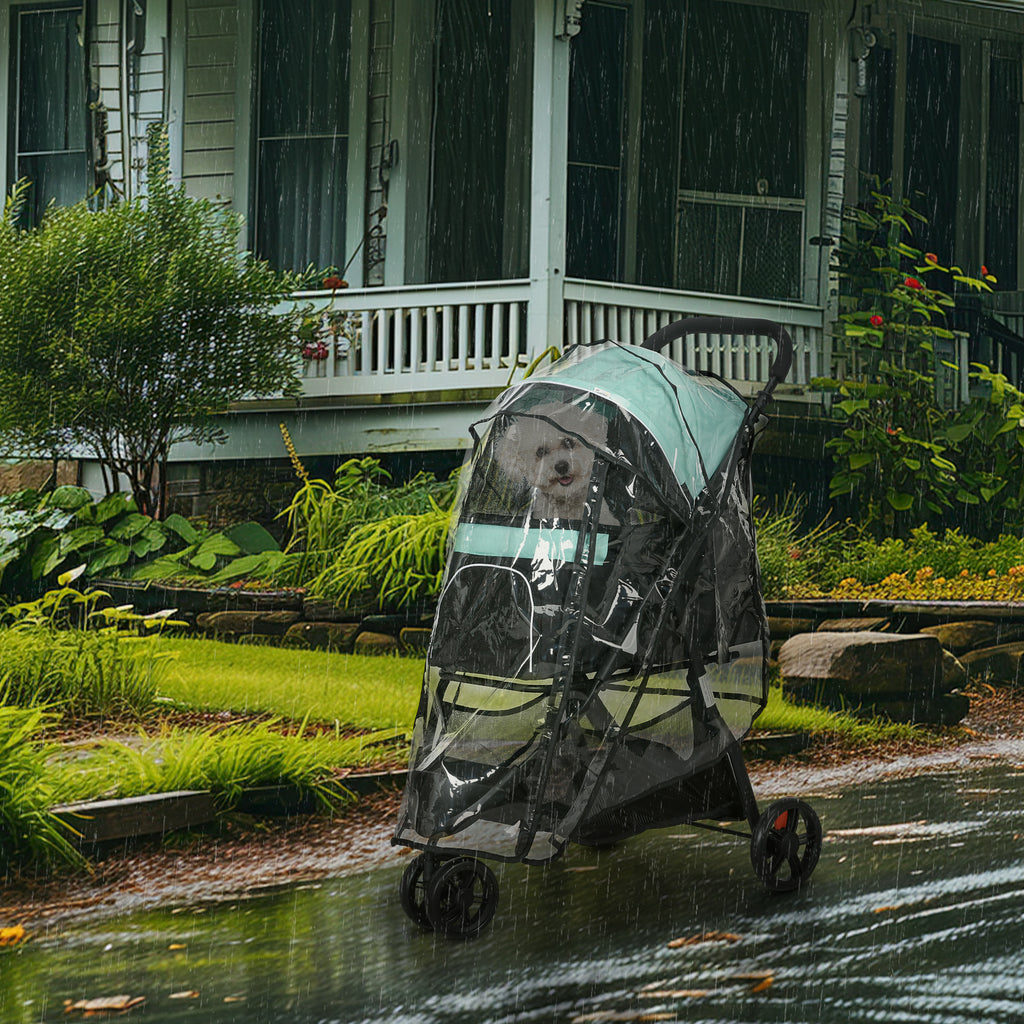 3-Wheel Folding Small Dog Stroller with Rain Cover and Basket, Green