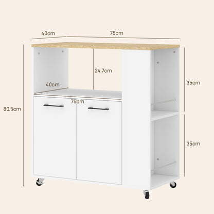 Wooden Kitchen Trolley with Open Shelf, Cabinet and Side Shelf, 75x40x80.5 cm, color Oak and White